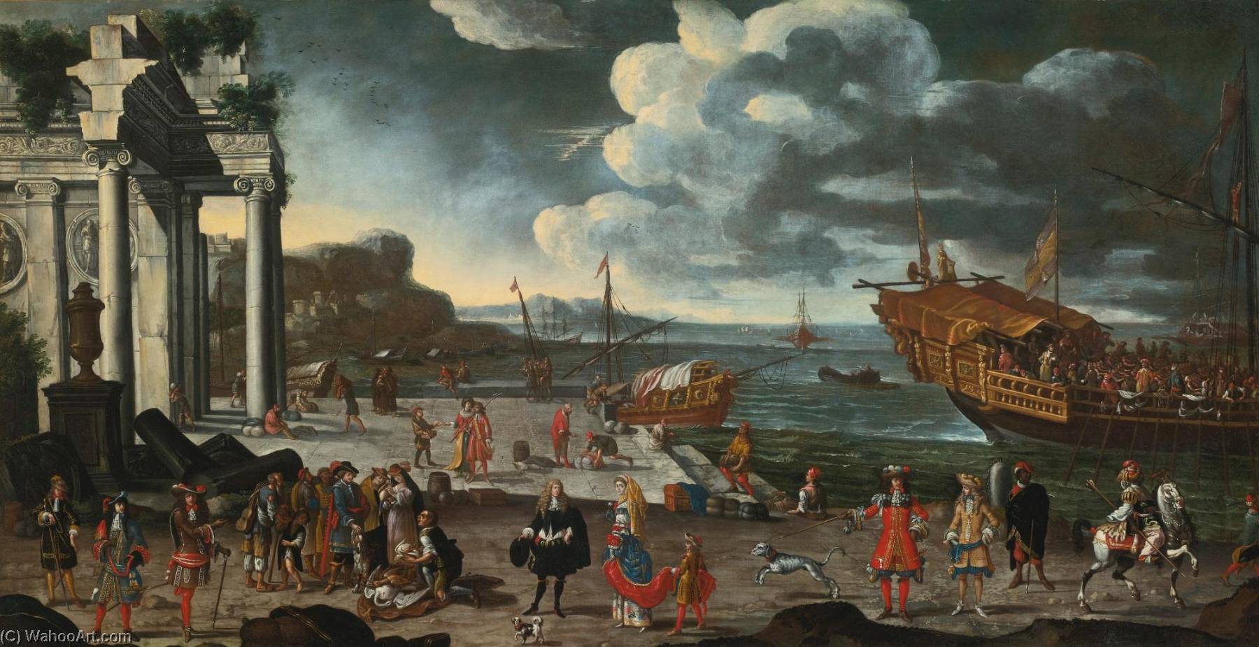 View Of An Imaginary Port With Ruins, A Galley At Anchor, Fishermen And Members Of Nobility — Joseph Heintz The Younger