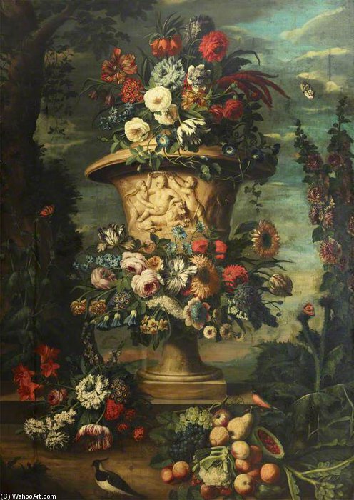An Urn Filled And Garlanded With Summer Flowers And Autumn Fruit — Jean Baptiste Monnoyer