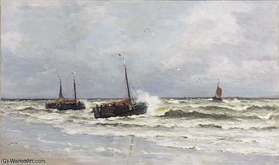 Bomschuiten With Fishermen In The Breakers — Gerhard Arij Ludwig Morgenstje Munthe