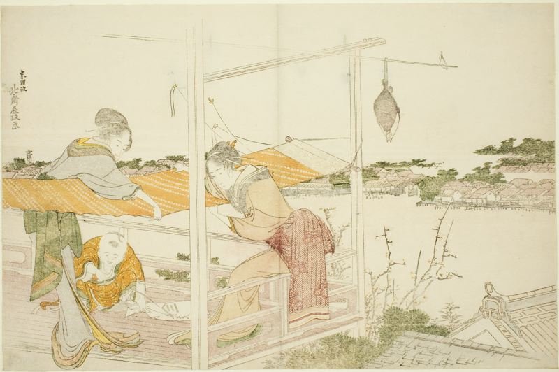 Women On A Veranda Stretching Cloth To Dry — Katsushika Hokusai