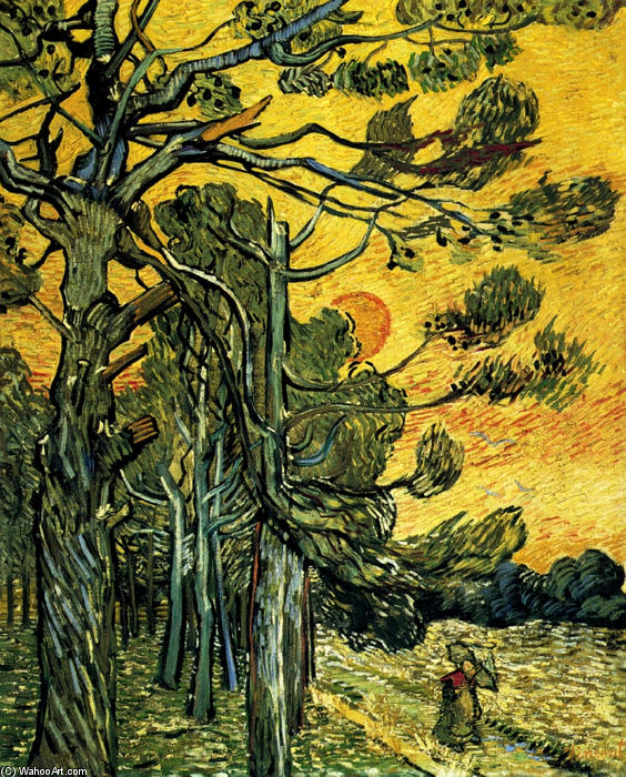 Pine Trees Against A Red Sky With Setting Sun — Vincent Willem Van Gogh