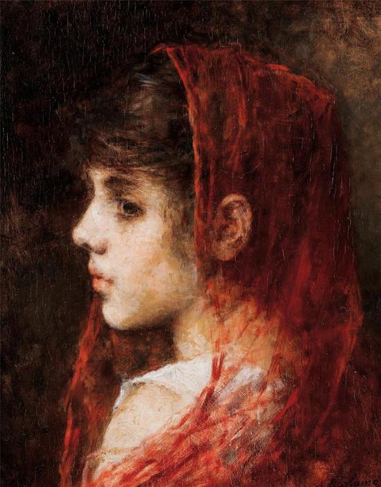 Portrait Of A Young Girl With A Red Veil — Alexei Alexeievich Harlamoff