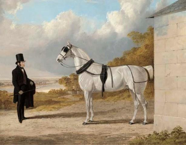 Portrait Of James Hartley With A Grey Carriage Horse, In An Extensive River Landscape — John Frederick Herring Senior