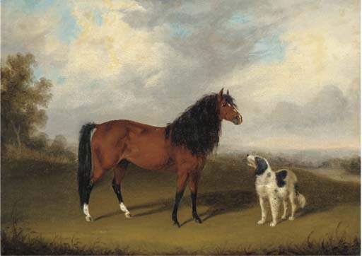 A Grey With A Dog In A Parkland; And A Chestnut Horse With A Dog In An Extensive Landscape — Edmund Bristow