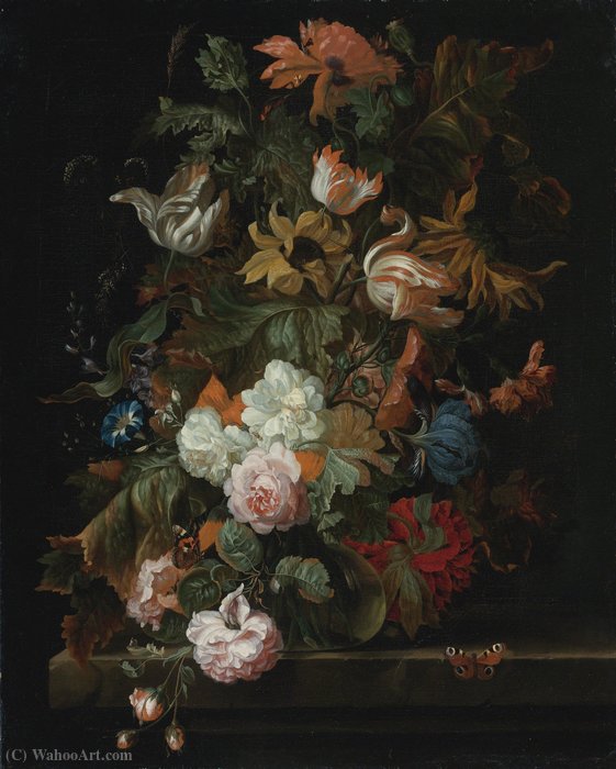 Still Life Of Flowers In A Glas Vase With Butterfly, All On A Ledge — Ernst Stuven