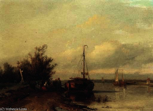 Figures Resting On A Riverbank By A Moored Sailing Vessel — Jan Vajsenbruh