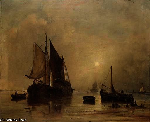 Hay Barges At Dusk On A Dutch River Estuary With A Man-o'war Firing The Evening Gun Beyond — George Webster