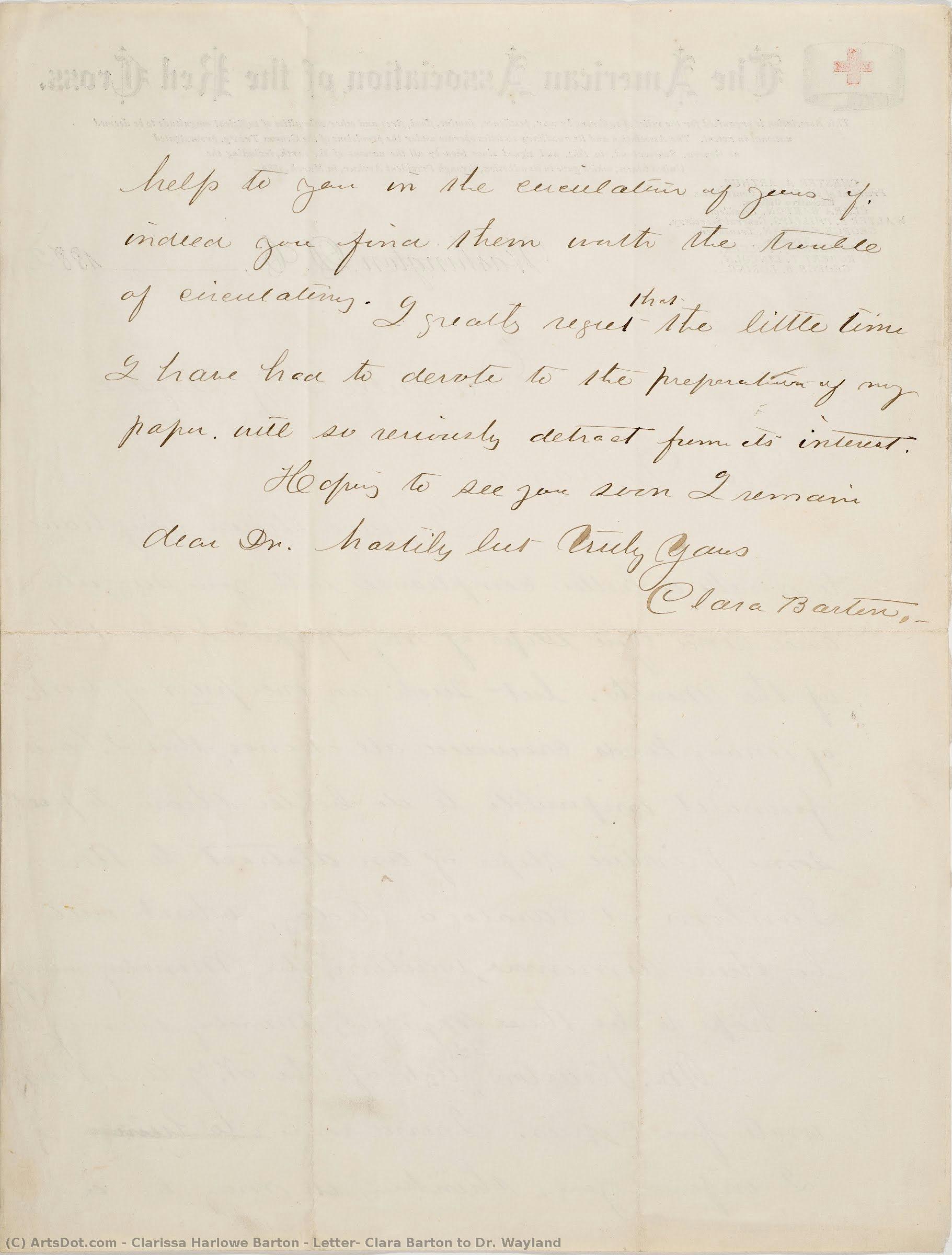 Letter, Clara Barton To Dr. Wayland — Clarissa Harlowe Barton