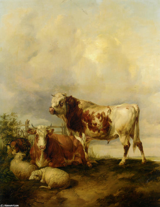 A Bull And Cow With Two Sheep And Goat — Thomas Sidney Cooper