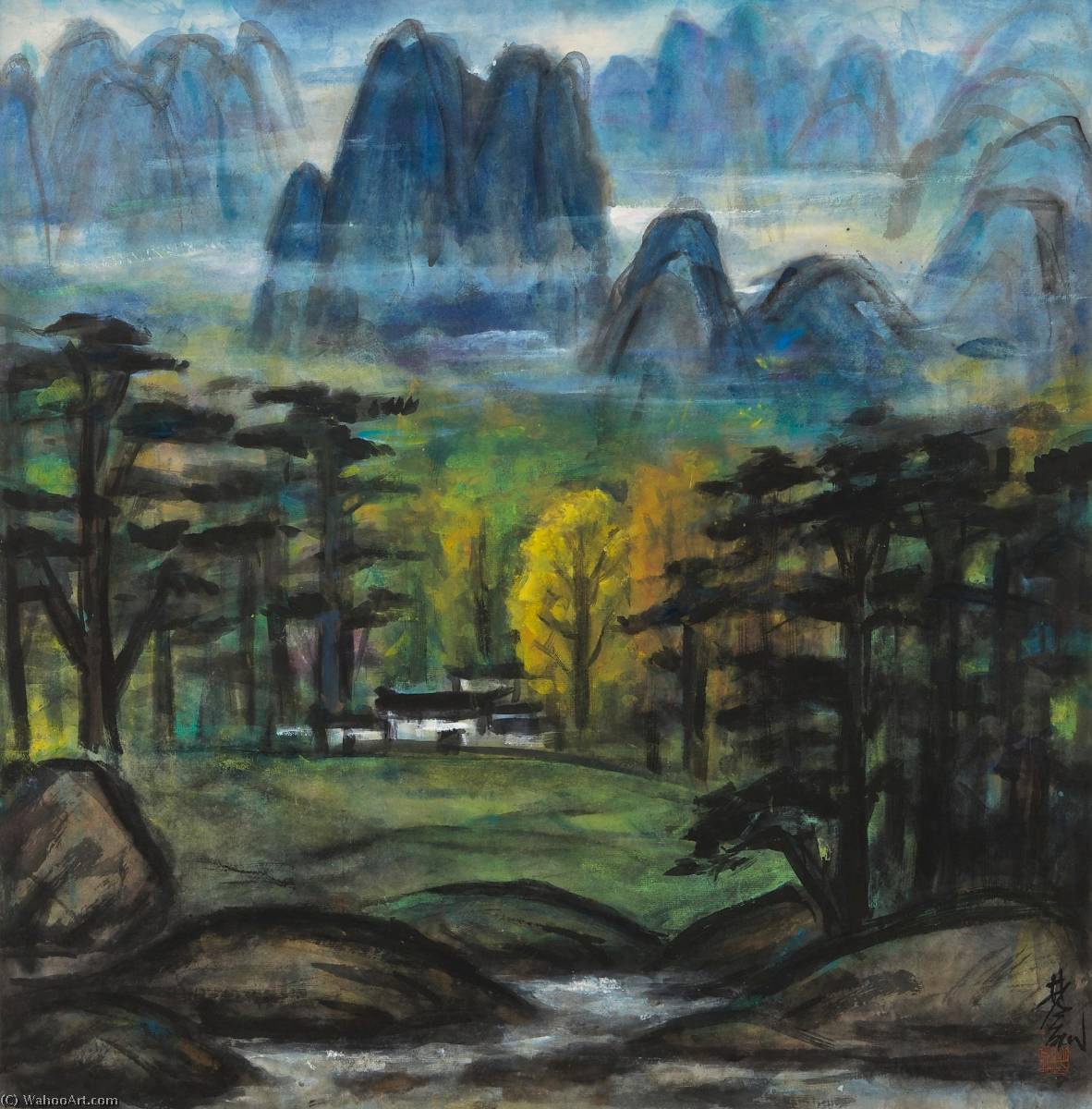 Landscape — Lin Fengmian Flying Geese Over The Lotus Pond