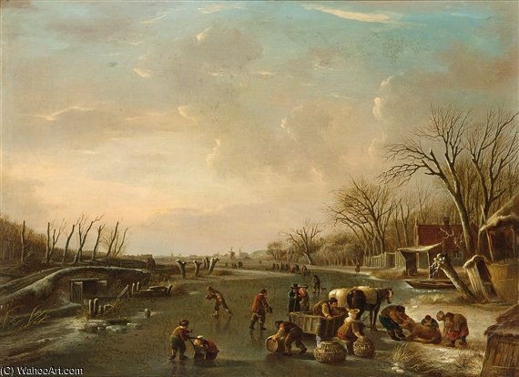A Winter Scene With Skaters And A Horse-drawn Sleigh With Poultry Sellers — Andries Vermeulen