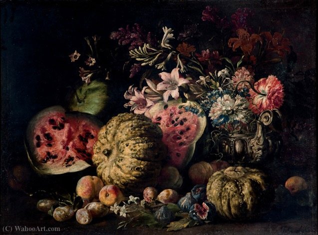 Zucche, Angurie, Pere, Fichi, Altri Frutti E Fiori In Un Vaso Di Peltro Su Un Piano — Abraham Brueghel