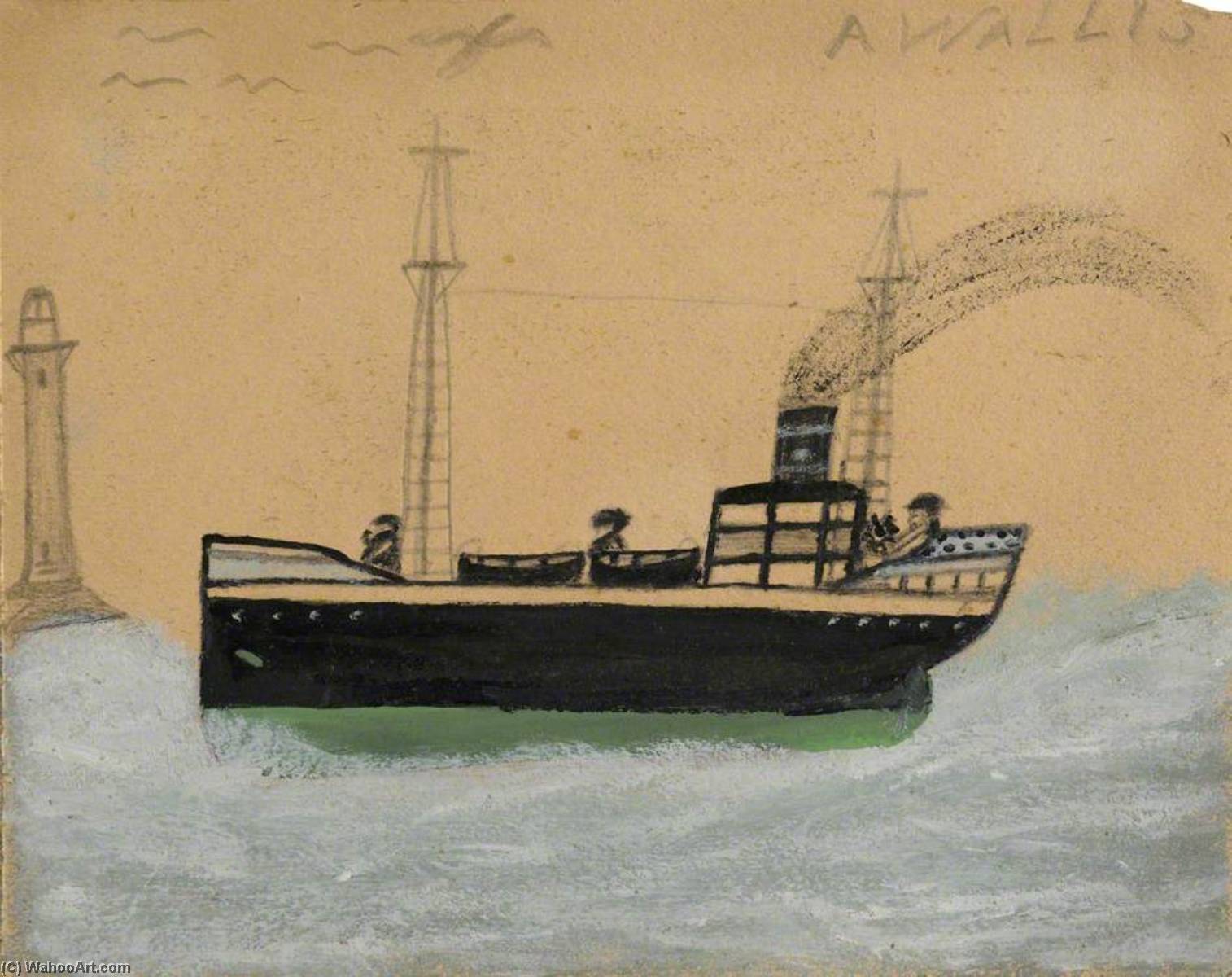 Green And Black Steamer, Lighthouse And Seagulls — Alfred Wallis