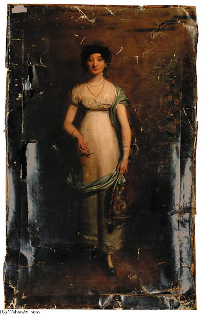 Portrait Of A Lady, Small Full-length, In A White Dress And A Blue Shawl, Holding A Basket Standing In A Garden — George Chinnery