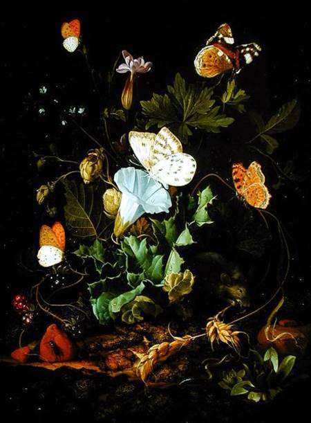 Still Life Of A Forest Floor With Flowers, A Mouse And Butterflies — Elias Van Den Broeck