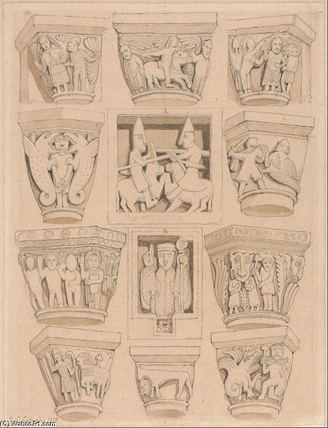 Capitals And A ^ B Bas-reliefs In The Abbey Church Of Saint Georges De Bocherville, Near Rouen — John Sell Cotman