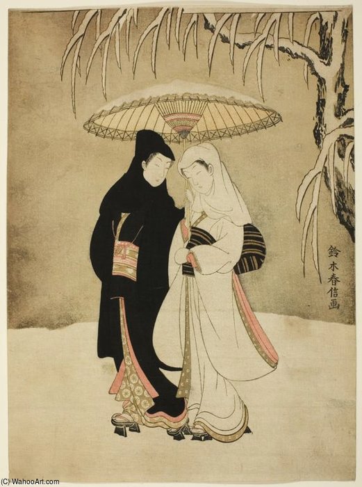 Lovers Beneath An Umbrella In The Snow — Suzuki Harunobu