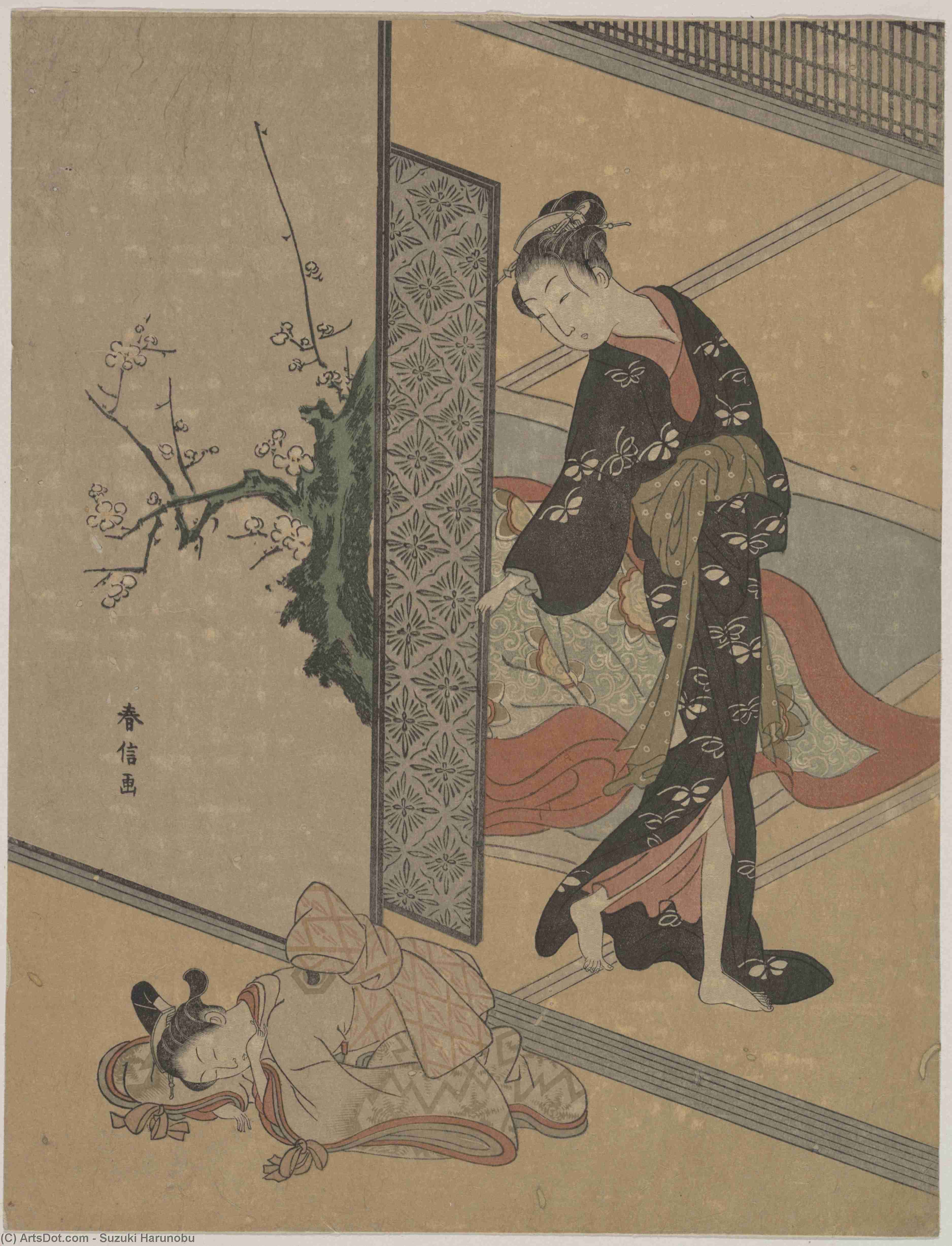 Young Lady Looking Through Door At Her Kamuro — Suzuki Harunobu