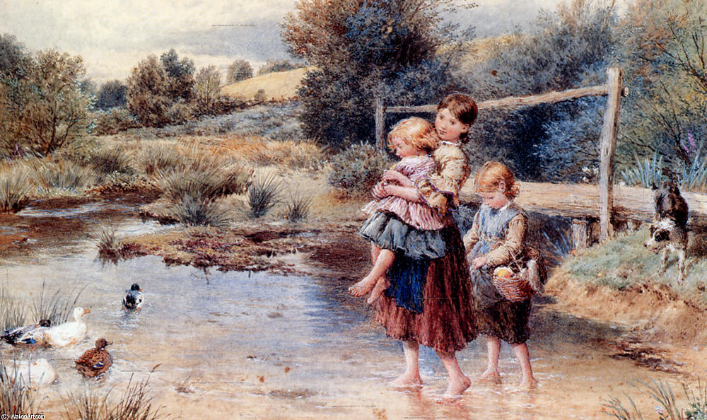 Children Paddling In A Stream — Myles Birket Foster