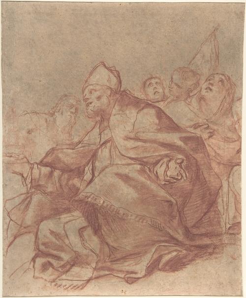 Seated Bishop With Arms Extended And Three Attendant Figures — Mattia Preti