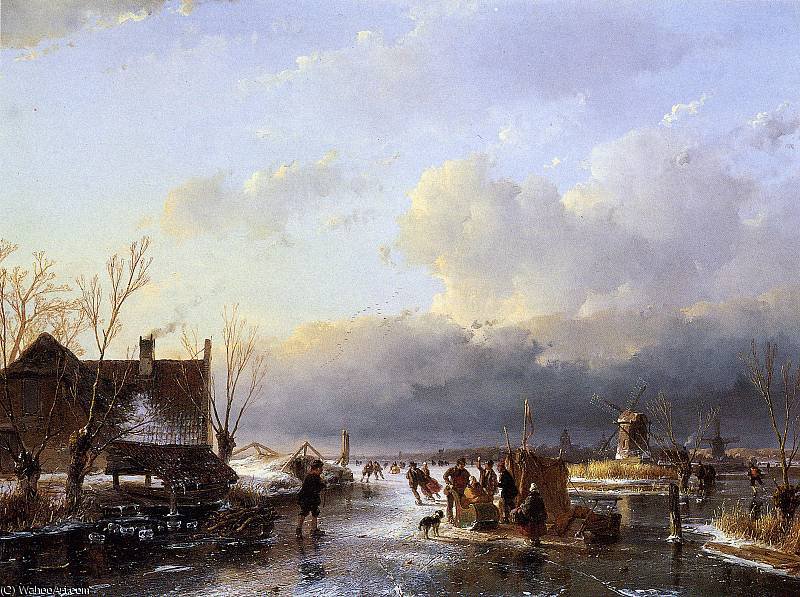 Scaters On River Near Saw Mill Sun — Andreas Schelfhout