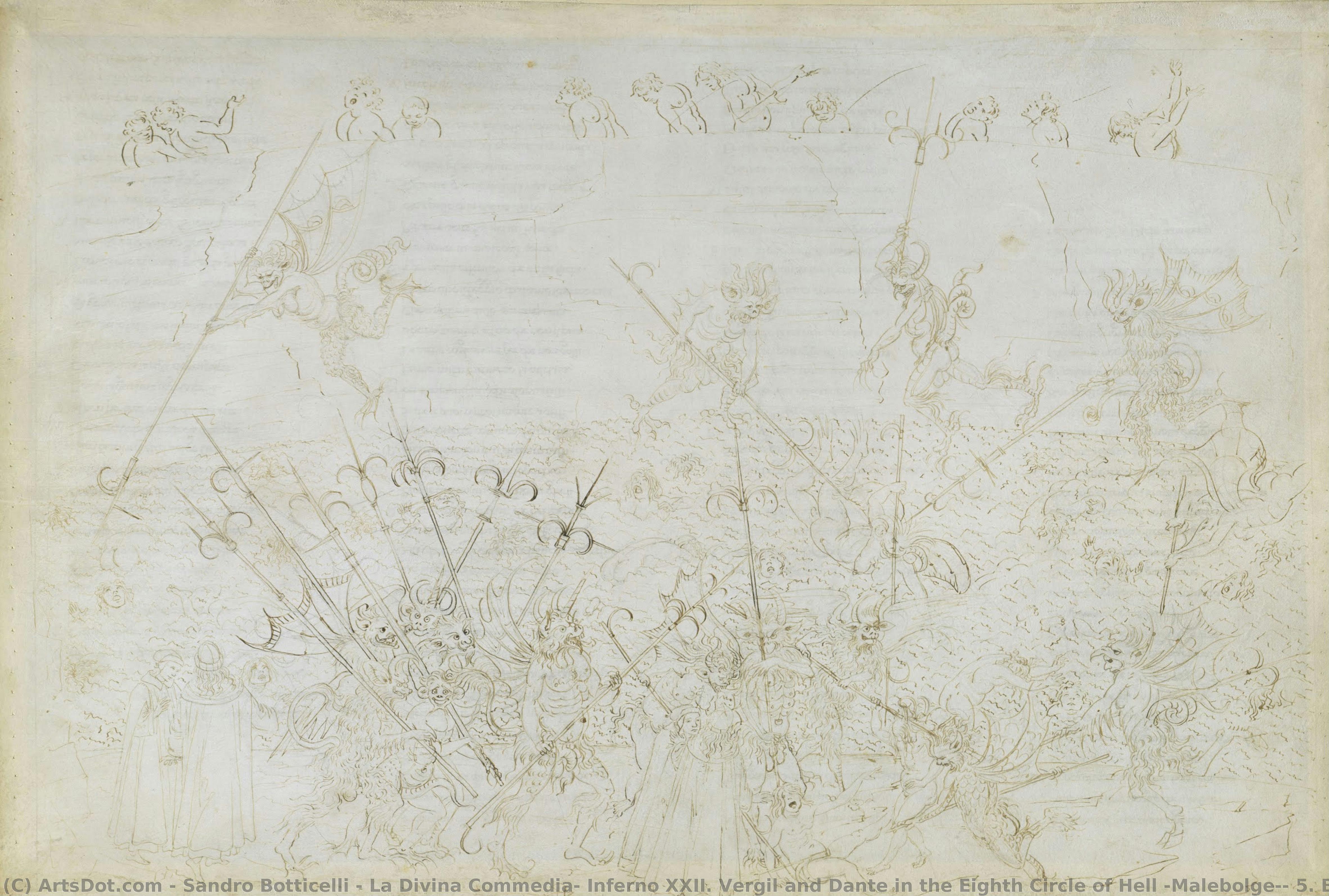 La Divina Commedia, Inferno Xxii. Vergil And Dante In The Eighth Circle Of Hell (malebolge), 5. Bolgia: Punishment Of The Corrupt; Escape Of Ciampolo — Sandro Botticelli