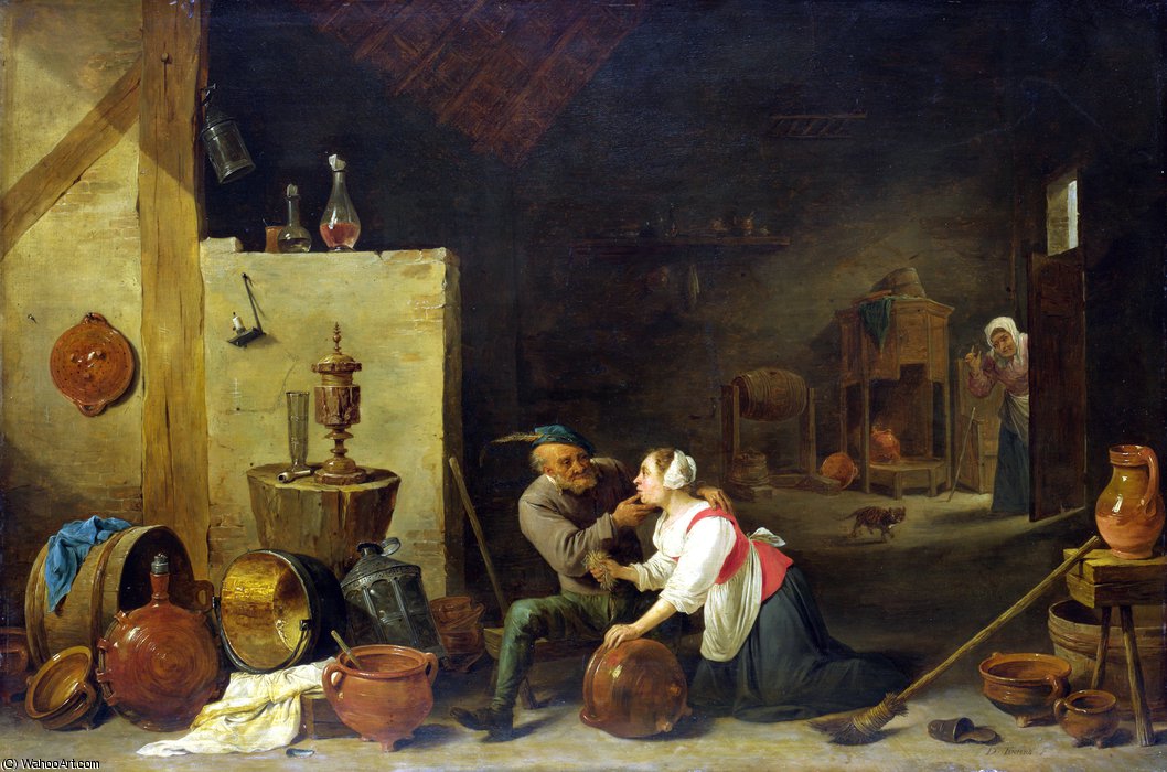 An Old Peasant Caresses A Kitchen Maid In A Stable — David Teniers The Younger
