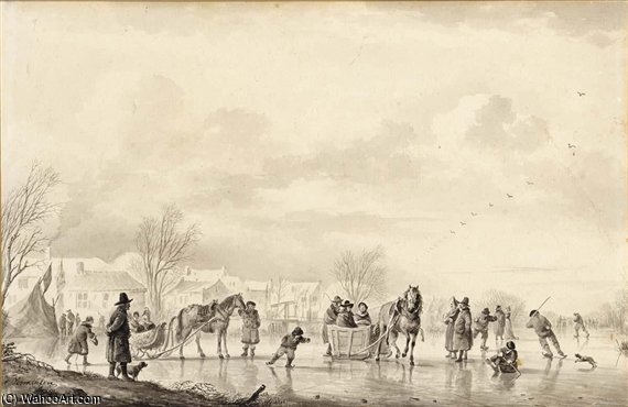 Winter Landscape With Skaters And Horse-drawn Sledges On The Ice, A Village Beyond — Andries Vermeulen