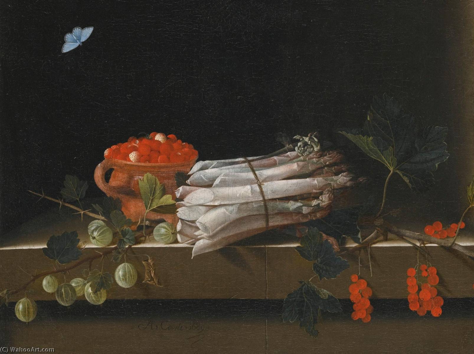 Still Life Of An Earthenware Bowl Of Wild Strawberries, A Bundle Of Asparagus And Sprigs Of Gooseberry And Redcurrants, All On A Stone Ledge With A Pale Blue Butterfly Above — After Adriaen Coorte