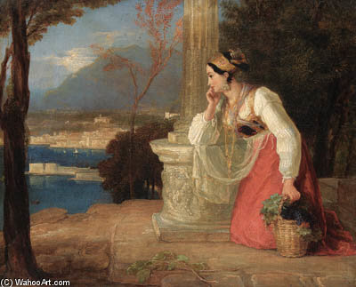 Castellamare - A Neapolitan Girl Kneeling By A Column, Holding A Basket Of Fruit, With A View Of The Harbour Below — Thomas Uwins