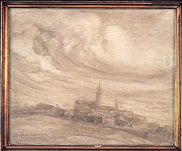 Paysage À L'église Et Grand Ciel Nuageux — Eugène Anatole Carrière