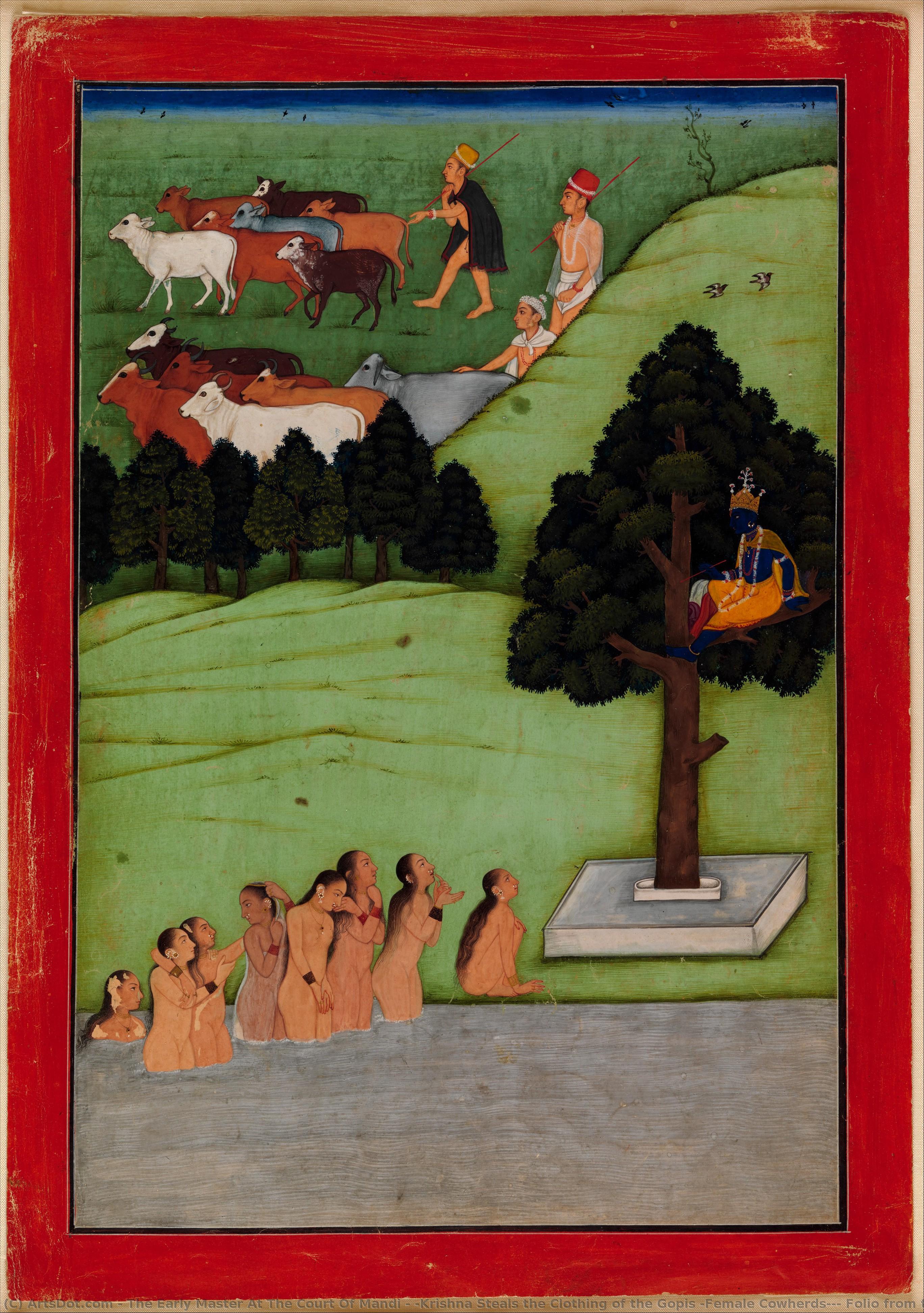 "krishna Steals The Clothing Of The Gopis (female Cowherds)", Folio From The Devotional Text Of The Bhagavata Purana — The Early Master At The Court Of Mandi