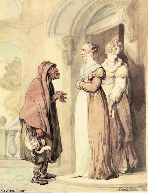An Old Woman With Two Girls At A Doorway — Thomas Rowlandson