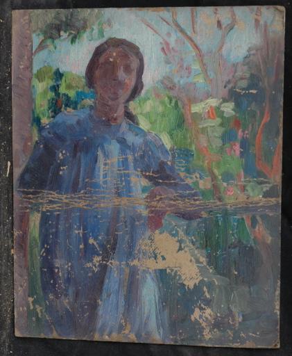 Femme Au Voile En Robe Bleue Dans Un Paysage Coloré — Valentine Reyre