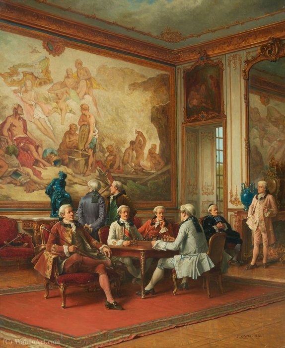 Rococo Interior With Chess-playing Men — Benjamin Eugène Fichel