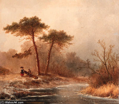 A Winter Landscape With Woodgatherer And A Sportsman — Johannes Franciscus Hoppenbrouwers
