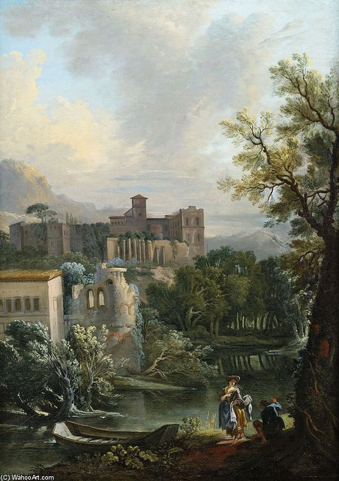 Summery River Landscape With Gallant Staffage Figures And A Monastery On A Hill — Jean Baptiste Lallemand