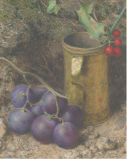 Still Life Of Grapes, A Tankard And A Sprig Of Holly — William Henry Hunt