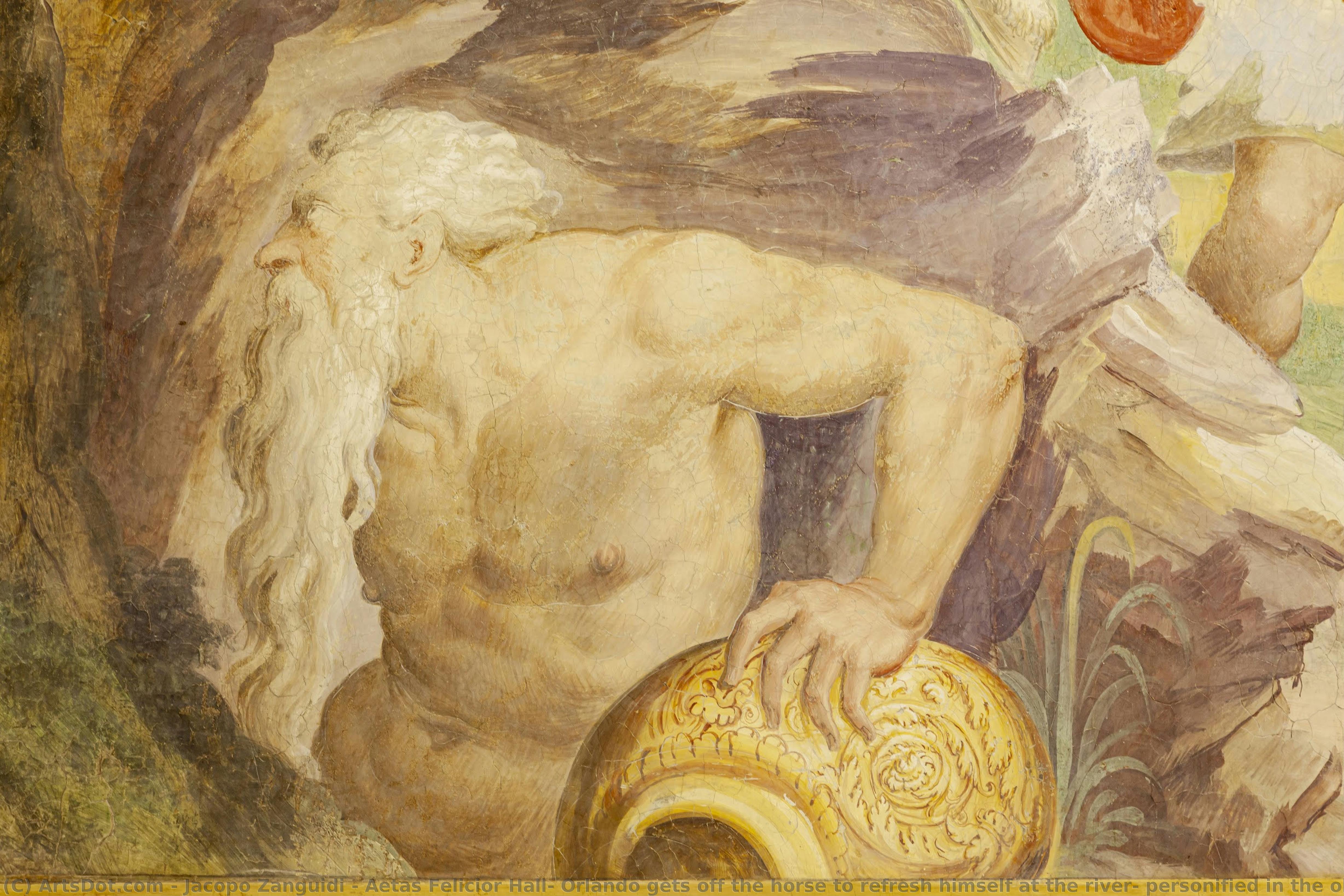 Aetas Felicior Hall: Orlando Gets Off The Horse To Refresh Himself At The River, Personified In The Old Man — Jacopo Zangiardi