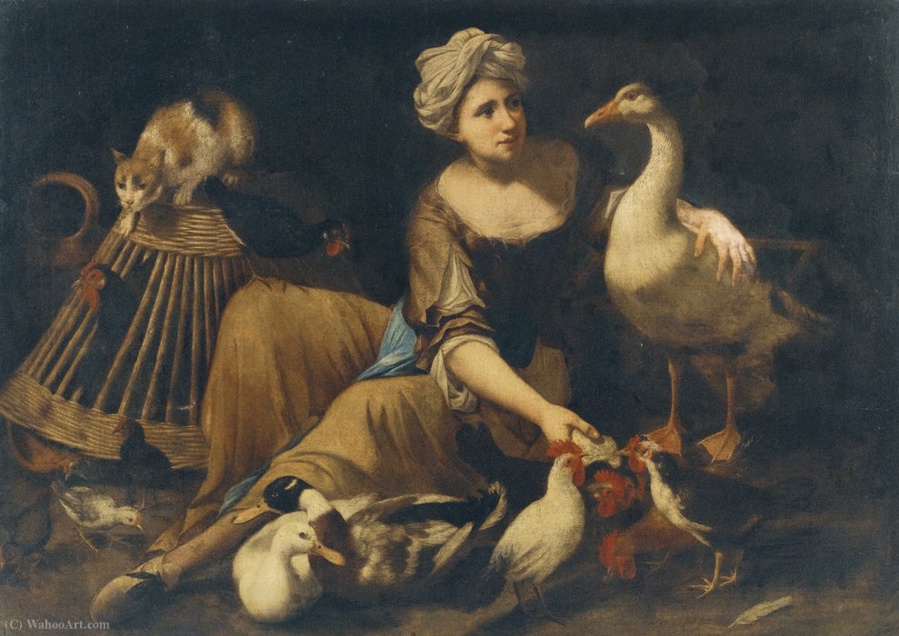 A Girl Feeding Cockerels, Beside Them A Cat On A Basket, A Goose, A Duck And Other Birds — Tommaso Salini