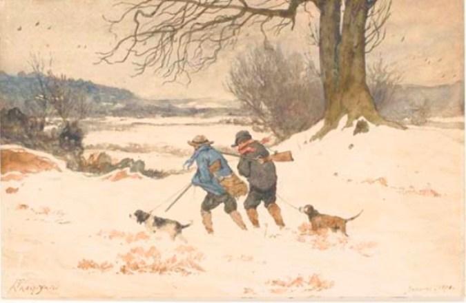 A Snowy Landscape With Two Hunters And Two Dogs — Henri-joseph Harpignies