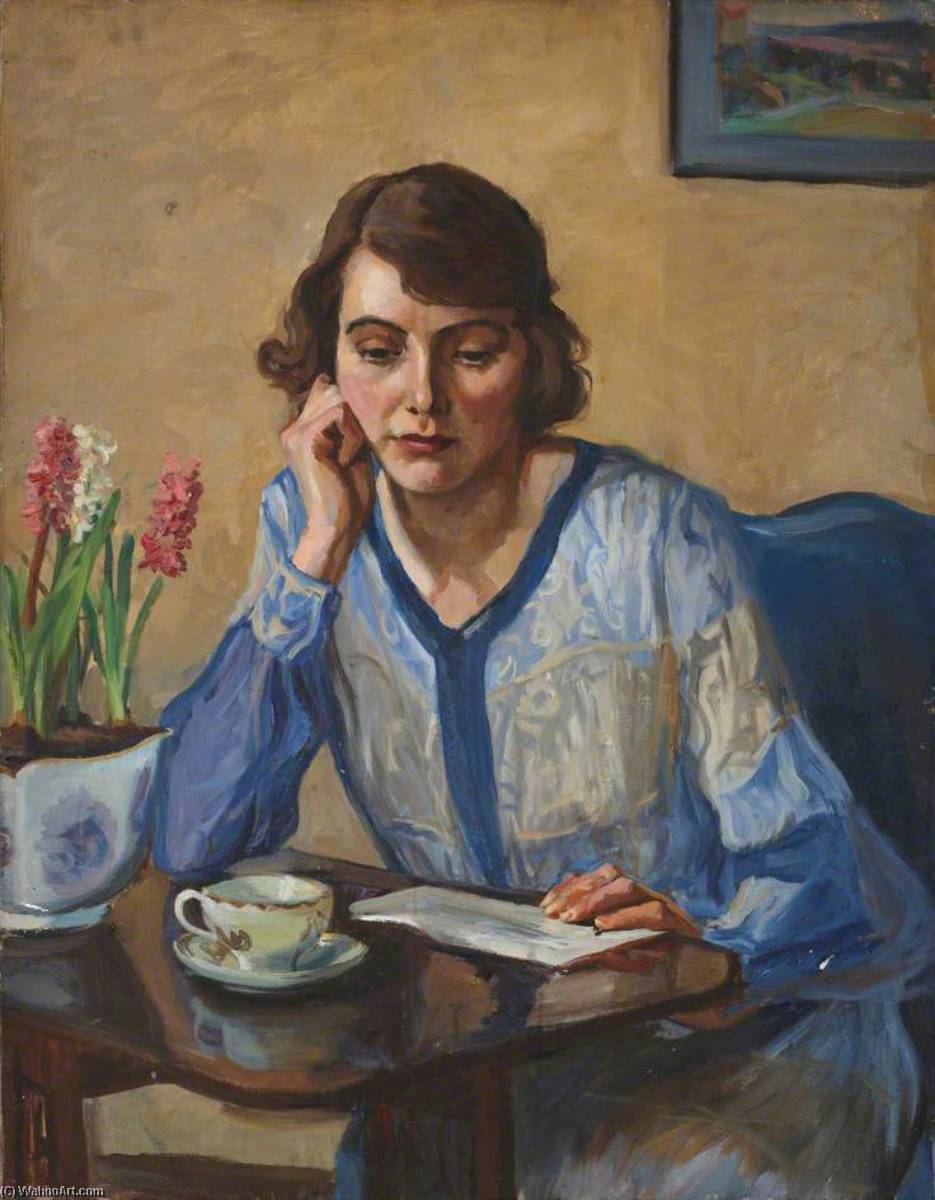 Lady In A Blue Cardigan With Hyacinths — Marie Louise Roosevelt Pierrepont