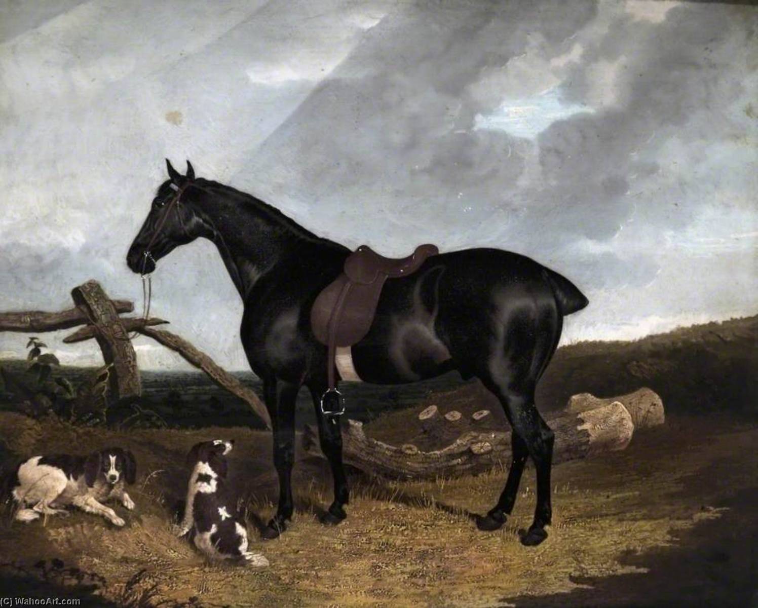 A Black Hunter Tethered To A Post With Two Spaniels — John Dalby
