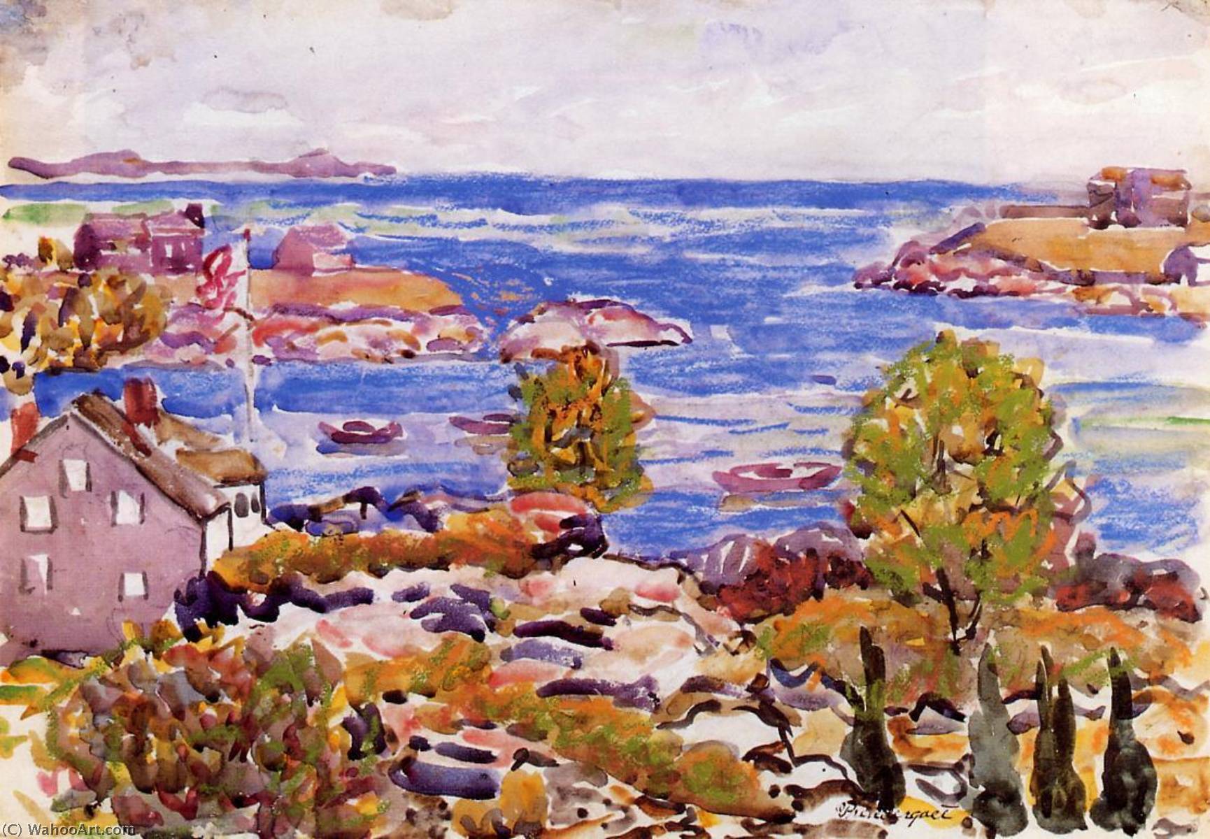 House With Flag In The Cove — Maurice Brazil Prendergast