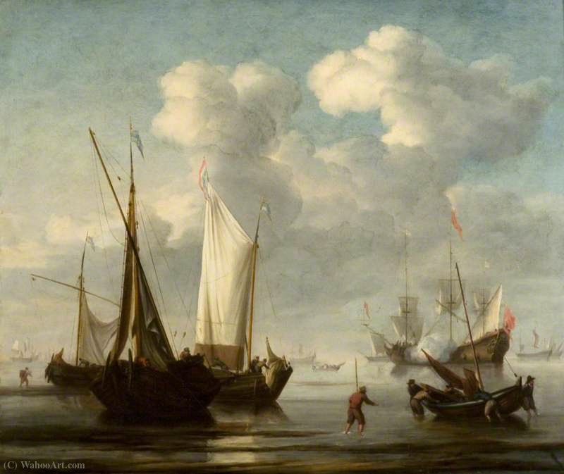 Fishing Vessels Off A Beach, With A Man-of-war At Anchor — Hendrik Jacobsz Dubbels