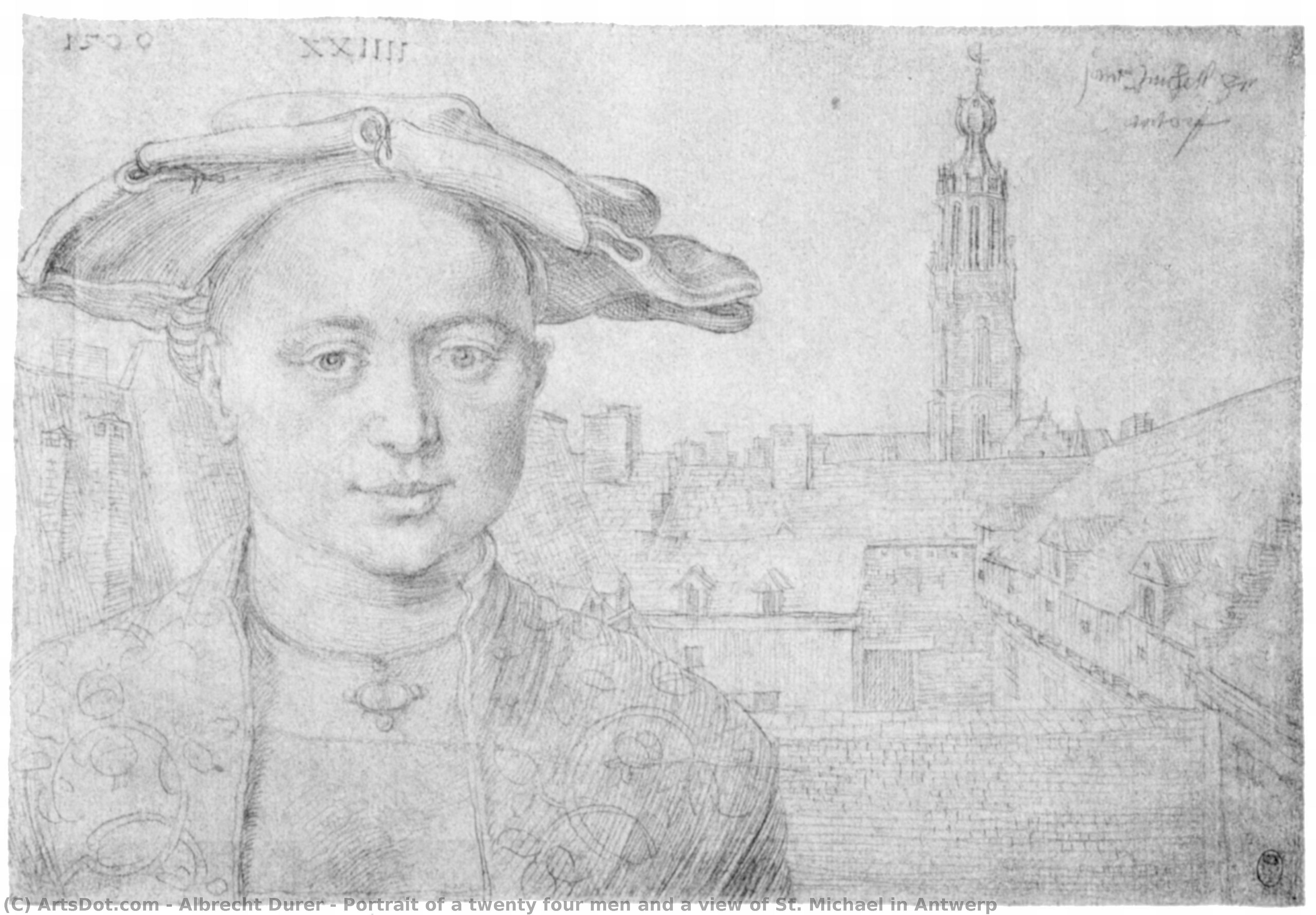 Porträt Eines Vierundzwanzigjährigen Mannes Und Blick Auf St. Michael In Antwerpen — Albrecht Dürer