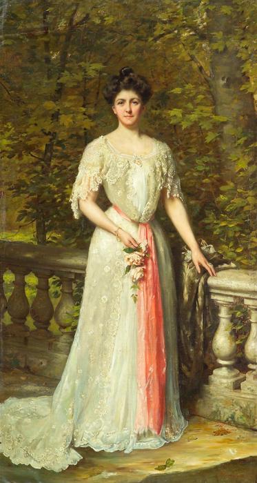 A Portrait Of A Lady In A White Dress With A Pink Sash By A Balustrade — Thomas Benjamin Kennington
