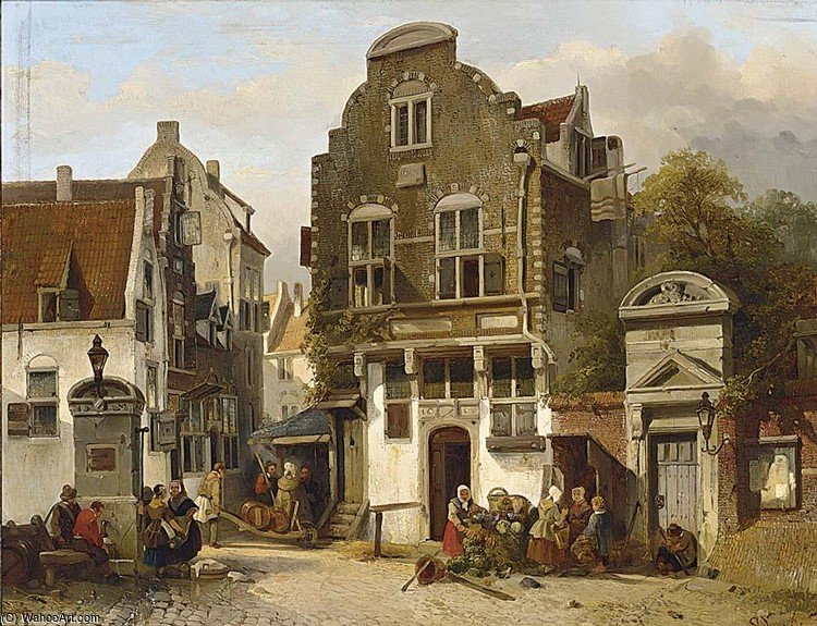 A Town Scene With Figures Near A Water Pump — Salomon Leonardus Verveer