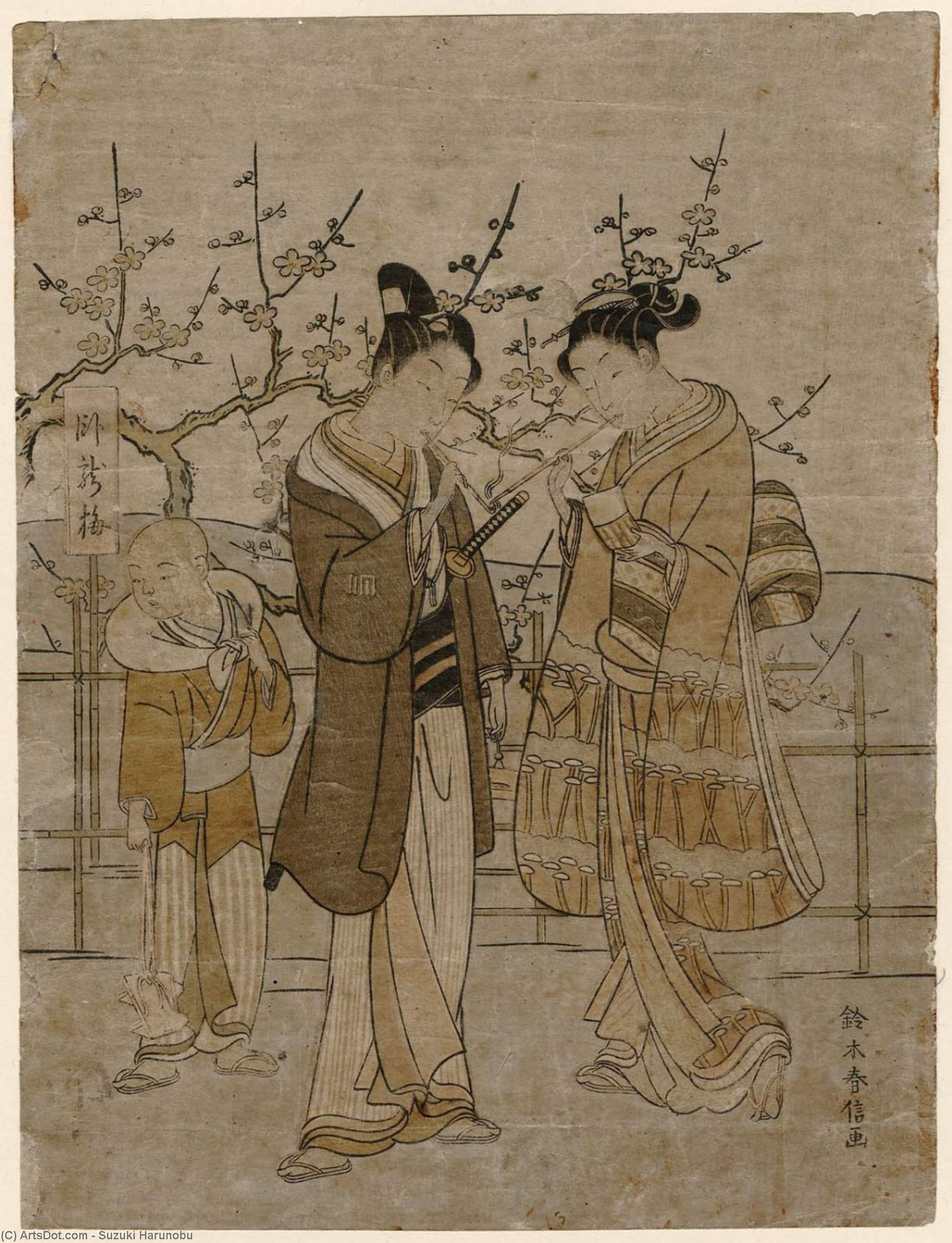 Young Couple Lighting Pipes Beside The Sleeping Dragon Plum Tree — Suzuki Harunobu