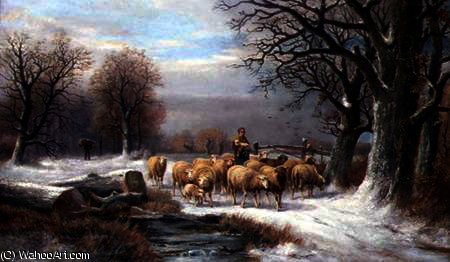 Shepherdess With Her Flock In A Winter Landscape — Alexis De Leeuw